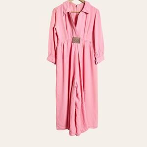 Vintage Pink Crepe Long Sleeve Wide Leg Collared V-Neck Jumpsuit Size S